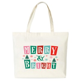 seclate Christmas Canvas Tote Bags for Women, Merry & Bright Christmas Tree Tote Bag, Xmas New Year Gifts Party Decor, 13.8x16.5 Reusable Grocery Shopping Bags-L11