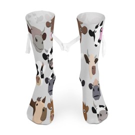 1 Pair Soft Socks White Holding Hands, Compression Knee High Stockings Long Athletic Circulation 16x3.9 in Print Cow Head Sets Seamless on Grey