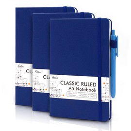 feela 3 Pack Notebooks Journals Bulk with 3 Black Pens, A5 Hardcover Notebook Classic Ruled Lined Journal Set with Pen Holder for Work Business Journaling Note Taking, 120 GSM, 5.1”x8.3”, Navy