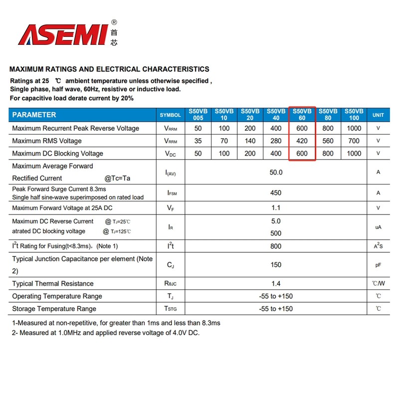 ASEMI S50VB60 Through Hole Single Phase 50A 600V Bridge Rectifier