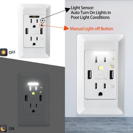 NineLeaf 4.2A Fast Charging LED Night Light USB Outlet,2 AC Outlets and 2 USB Ports with Light Sensor and Wall Plates Portable for Home White,3 Pack