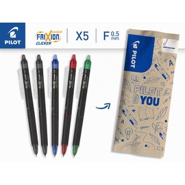 PILOT - Set of 5 Frixion Point Clicker - Rollerball Pen 0.5 mm with Erasable Push Button Mechanism - Thermosensitive Ink - 2x Black + 1x Blue/Red/Green - Refillable - Fine Tip