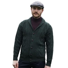 SAOL Men's Aran Cable Shawl-Collar Cardigan (Army Green, XXLarge)