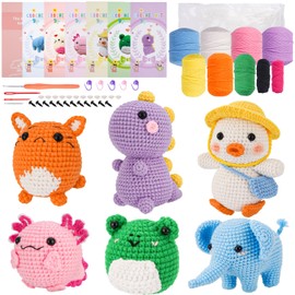 Gerute 6Pcs Crochet Kit for Beginners,Crochet Animal Kit with Step-by-Step Video Tutorial, Crocheting Kit for Starters, Beginner Crochet Kits for Adult Kid Women Men Complete Kit Included （40%+ Yarn