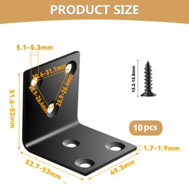 Wavanta 10Pcs Black Angle Brackets 50 x 50 x 50mm, Stainless Steel L Shape Brackets with a Pack of Screws for Shelves, Wood Furniture, Cabinets, Chairs, Drawers