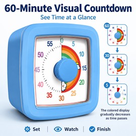 60-Minute Visual Timer for Kids & Kitchen – Silent Countdown Timer with Color Display, Alert & Soft Night Light for Study, Classroom and Cooking, Blue
