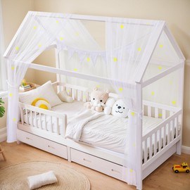 ToxyJopy House Bed Canopy Set - 2-Piece Bed Canopy House Bed with Luminous Stars - House Bed Decoration with Organic Cotton Bunting - Dreamy Children's Room Decoration