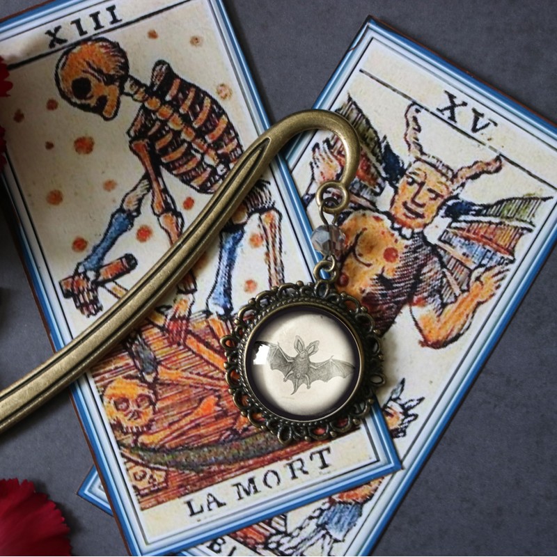 Victorian Bat Goth Brass Bookmark with Reversed Decoupage Glass Cabochon