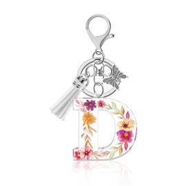 Lukiisoo Acrylic Keychain for Women, Initial Letter Flower Keychains with Cute Butterfly Tassel Pendant, Key Ring for Backpack Charms, Purse Handbags School Bag Car Key Accessory(Letter D)