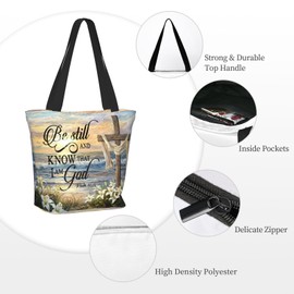 Bible Tote Bag, Inspirational Scripture Christian Bible Verse Religious Lily Print Large Capacity Reusable Church Bags for Women with Zipper