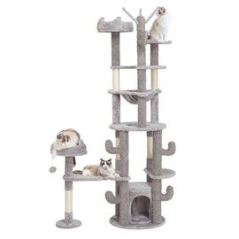 M&Catree Cat Tree 71" Tall Large Cat Tower for Indoor Cats, Multi-Level Cat Furniture Condo with Hammock, Scratching Post & Padded Plush Perch - Gray, 180CM