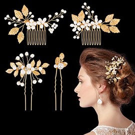 Kiiwah Set of 4 Hair Accessories Wedding Pearl Flower Bridal Hair Comb Rhinestone Bridal Hair Pins for Communion Girls Bride Bridesmaid (Gold)
