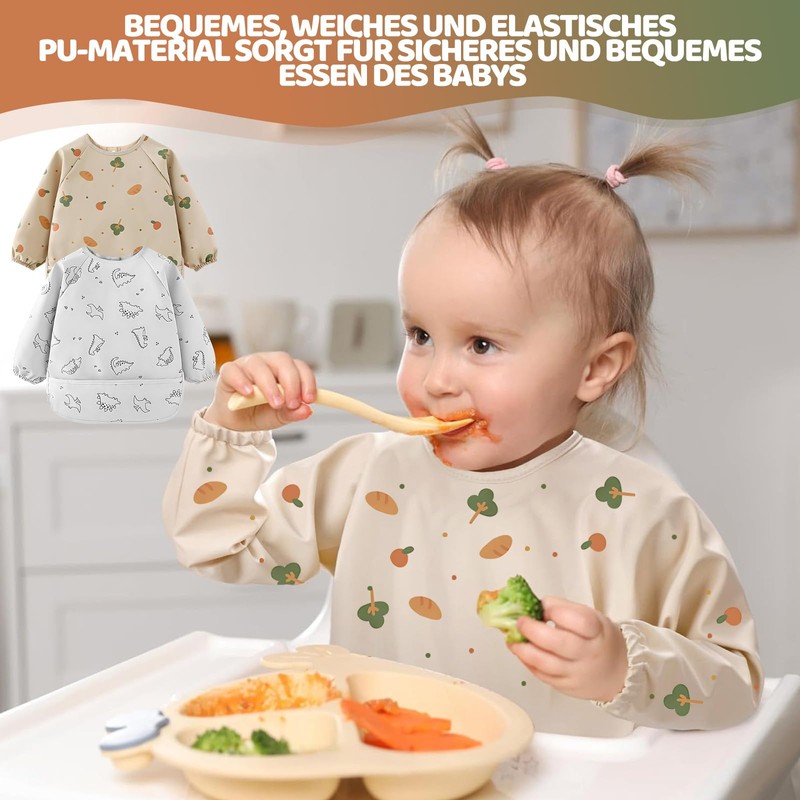 Baby Bibs with Sleeves, 2 Pieces Bibs for Weaning with