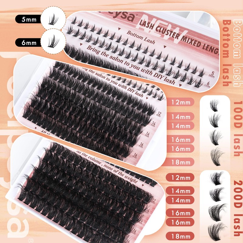 Focipeysa Lash Clusters 100D 200D Lash Extension with Bottom Lash