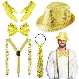 TUIBEIDAMAI Glitzer Outfit Herren,Glitzer Accessoires Herren,Glitzer Kostüm Herre,mit Pailletten Hosenträger,Pailletten Fliege,krawatte,Handschuhe,Pailletten Kostüm Gold für Fasching Party Dance Performance