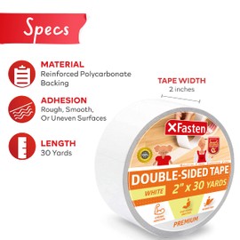 XFasten Double Sided Tape, White, Removable and Residue-Free, 2-Inch x 30 Yards, Surface Safe Two-Sided Sticky Adhesive Tape for Wall, Floor, Clothes, Rug, Fabric, Crafts and Scrapbooking