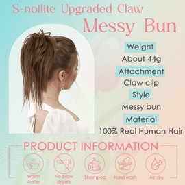 S-noilite Claw Clip Messy Bun Real Human Hair Tousled Updo - Clip in Ponytail Chignon Hairpieces for Women Girls #6 Light Brown 44g