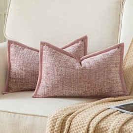 YAERTUN Pack of 2 Chenille Textured Decorative Cushion Covers Accent Solid Throw Pillow Covers Soft Cozy Pillow Case with Velvet Back for Couch Sofa Bed Living Room 12x20 Inch 30x50cm Dusty Pink
