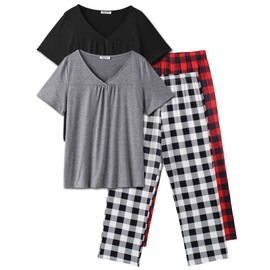 Ekouaer 2 Pack Womens Pajama Sets Short Sleeve with Long Pant Pjs Sleepwear Loungewear with Pockets S-XXL
