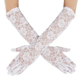 Women's Long Lace Floral Opera Gloves - Wedding & Bridal Dance Gloves - Stretchy Elbow Length - Adult Size 15.75in (White)
