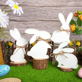 4Pcs Cute Easter Decorations for the Home, Farmhouse Wooden Bunny Table Signs Easter Tiered Tray Decor, Rustic Freestanding Easter Tabletop Decoration for Indoor Party Easter Gifts Kids (White)