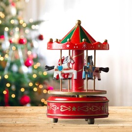Harilla Christmas Wooden Music Box Christmas Centrepiece Decorative Rotating Rotating Horse Shape Durable Versatile Red