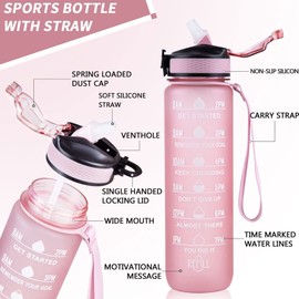 1l Water Bottles with Straw – Time Markings Motivational Sport Water Bottle | BPA Free Tritan Leak Proof Bottles for Men, Women, Running, Cycling, Office, Gym and Sport | One-Click Flip Lid (Pink)