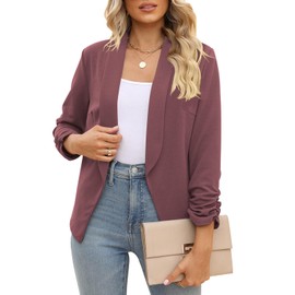 Business Casual Blouse 3/4 Sleeve Blazer for Women Short (Red Bean Grey, S)