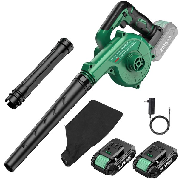KIMO Cordless Leaf Blower & Vacuum with 2 X 2.0 Battery & Charger, 2-IN-1 20V Leaf Blower Cordless, 150CFM Lightweight Mini Cordless Leaf Vacuum, Handheld Electric Blowers for Lawn Care /Dust/Pet Hair