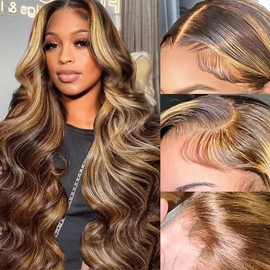 Long 32 Inch Highlight Lace Front Wig Human Hair Body Wave 13X4 HD Ombre Lace Front Wigs Human Hair Wear and Go Glueless Highlight Wigs Human Hair Pre Plucked Honey Blonde Wigs For Black Women