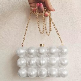 Acrylic Evening Clutch Purse for Women Cute Pearl Marble Glitter Cross-body Bag Handbag for Wedding Cocktail Party Prom,White