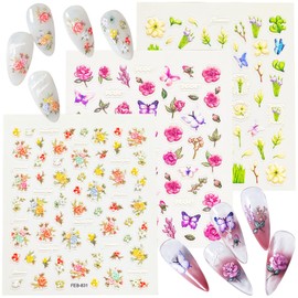 5D Embossed Crushed Flower, Nail Stickers for Nail Art, 3 Sheets Self-Adhesive Nail Decals, Flower Butterfly, 3D Stickers Nail Art, Stickers para Uñas (Fresh Flower 5D)