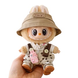 Clothes for Labubu Dolls Accessories, Cute Outfit Set 2 Pieces Bib Pants Suitable for 15 & 17cm La bubu Doll, Stylish Overalls Doll Hat Shoes Clothing Set Replacement Beige(No Doll)
