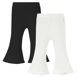 Dalukit 2 Pack Baby Girl Pants Toddler Ribbed Bell Bottoms with Pockets Stretchy Solid Ruffle Newborn Girl Flare Leggings