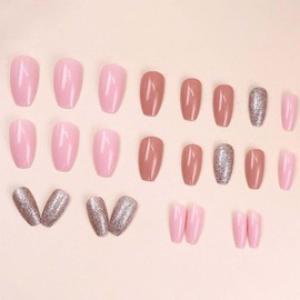 Medium Press on Nails Coffin Fake Nails Pink False Nails with Glitter Design Acrylic Nails Artificial Glossy Glue on Nails Full Cover Stick on Nails for Women Girls Manicure Art 24Pcs