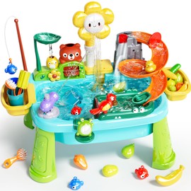 Pupu Pig Water Table Play Sink Toys for Toddlers, Kids Play Kitchen Sink with Running Water, 360° Electric Faucet, Floating Fishing Game, Sensory Water Table Toys for Boys Girls Summer Gifts