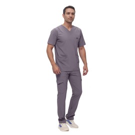 Monarch Uniforms Men's Scrub Set V-Neck Scrub Sets with Nine Large Pockets(Charcoal,2X-large)