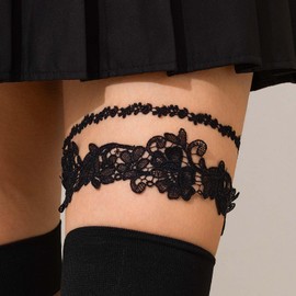 Wendalern Wedding Garters Set for Bride Black Flower Lace Garter Belts Handmade Stretchy Lace Leg Garters Classic Floral Toss Thigh Garters Party Porm Body Accessory for Women