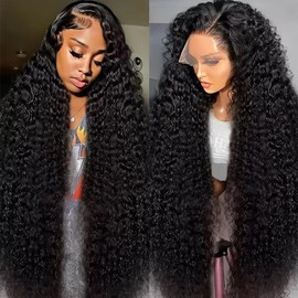 28 Inch Deep Wave Lace Front Wigs Human Hair 13x6 HD Transparent Lace Front Wigs for Women 200 Density 12A Deep Curly Wigs Human Hair Pre Plucked with Baby Hair Natural Black