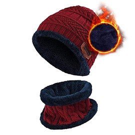 Aisprts Children's Winter Hat Winter Scarf Beanie Children's Knitted Hat for Children with Fleece Lining, A red