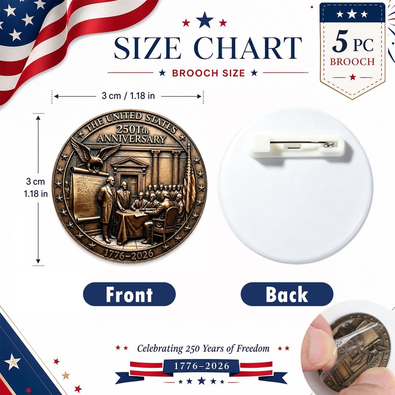 AFRITEE 5Pcs USA 250th Ann Pins, 1776-2026 Patriotic Lapel Badge