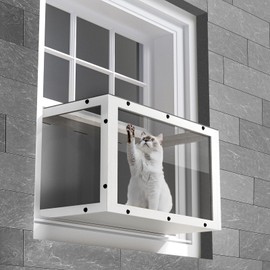 Window Cat Perch Catio, Wood Cat Window Box, Window Catio for Indoor Cats. Suitable Single Hanging Window with an Inner Diameter of The Window Frame with A Net Opening Width of 24-35 in（White）