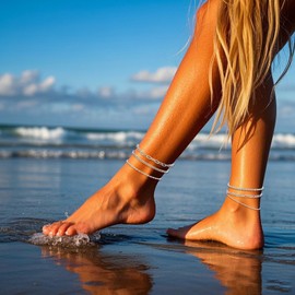 GAFATORY Silver Ankles for Women Waterproof 7 PCS Ankle Bracelets for Women 925 Silver Plated Cuban Figaro Link Chain Anklets Set Adjustable Summer Beach Jewelry for Women Mom Wife