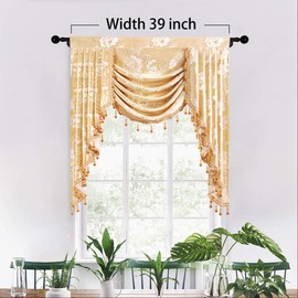 ELKCA Jacquard Single Swag Waterfall Valance for Living Room Floral Curtain Valance for Bedroom (Floral-Golden, W39 Inch, 1 Panel)