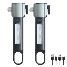 Tokeyla 2 Pack Car Safety Hammer Flashlight, Tactical Emergency Rescue Tool, Magnetic LED Work Light High Lumens Rechargeable Torch Escape Kit, Window Glass Breaker and Seatbelt Cutter