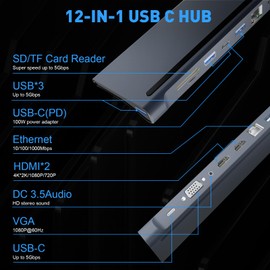 USB C Docking Station, BOVONO 12 in 1 Laptop Docking Station Dual Monitor,USB C to HDMI Adapter with 4K HDMI,87W PD, 3 USB, Up to 3 Monitor, Adapter for Type-C Laptop Computers