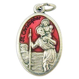 Silver Tone with Red Enamel Saint St Christopher Travel Protection Medal, 1 Inch