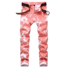 DANT BULUN Men's Fashion Casual Printed Jeans Stretch Skinny Denim Pants(W28,Peach)