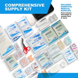 Primacare Fully Stocked Reflective Trauma Bag - 17" x 9" x 7" First Aid Responder Emergency Medical Supplies Kit, Professional EMT EMS Shoulder Bag with Zippered Side Pockets and Compartments (Red)