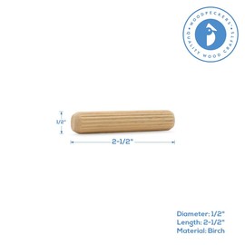 Wooden Dowel Pins 2-1/2 by 1/2 inch, Pack of 100 Fluted Dowel Joints for Woodworking, Furniture and Crafts, by Woodpeckers